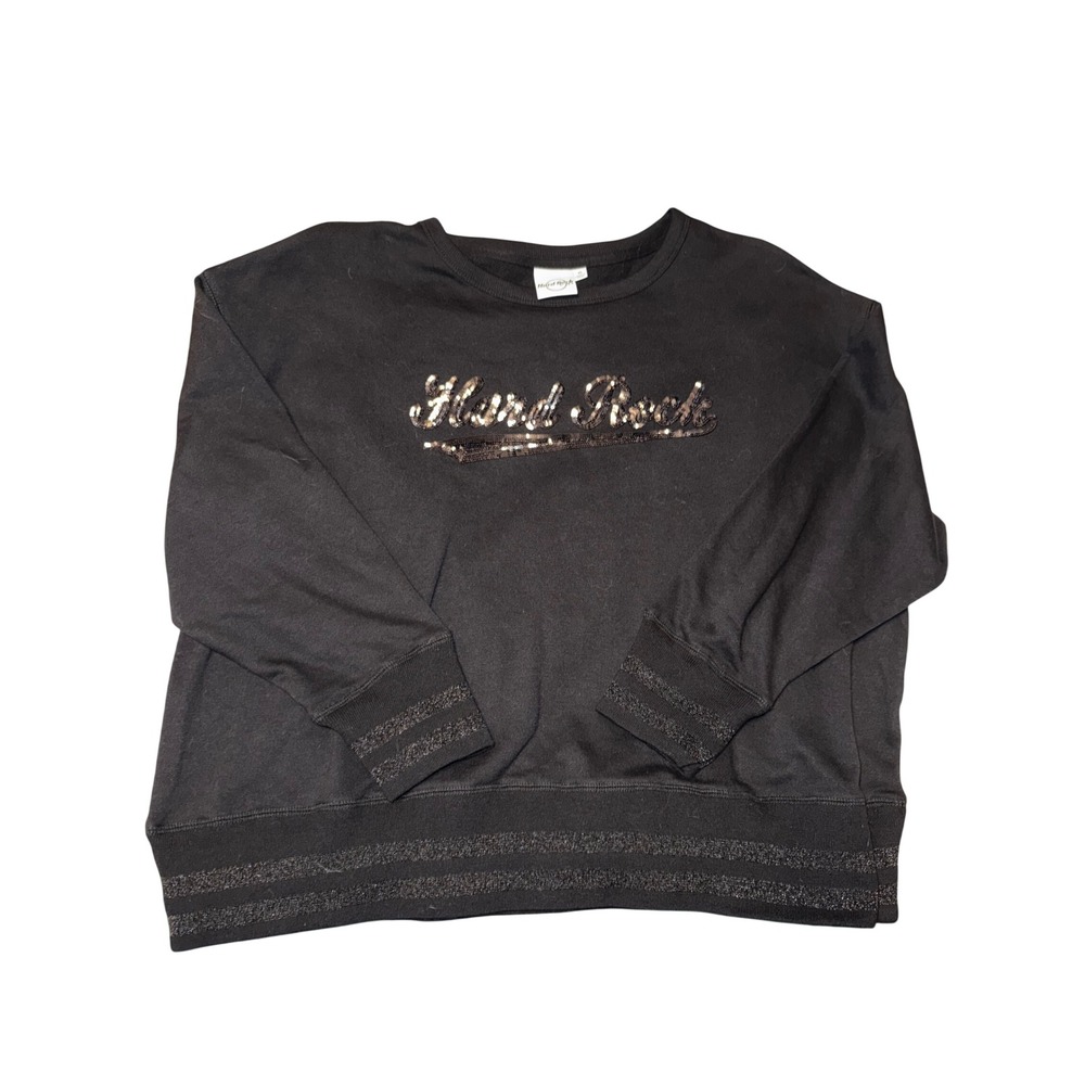 Hard Rock Cafe Womens XL Black Sequin Logo Sweatshirt Glitter Stripe Pullover‎